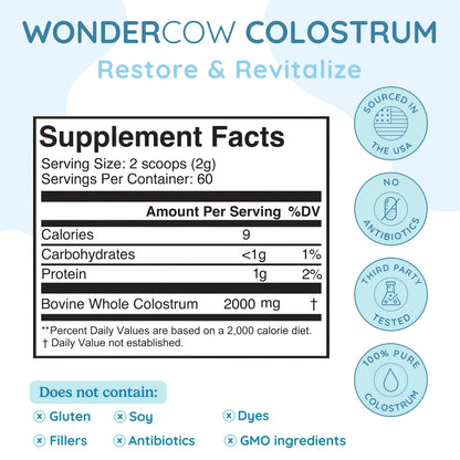 WONDERCOW Colostrum Supplement Powder for Gut Health, Immune Support & Wellness | Natural IgG Pure Whole Bovine Colostrum Superfood, Unflavored, 60 Servings