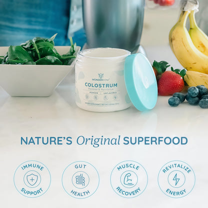 WONDERCOW Colostrum Supplement Powder for Gut Health, Immune Support & Wellness | Natural IgG Pure Whole Bovine Colostrum Superfood, Unflavored, 60 Servings